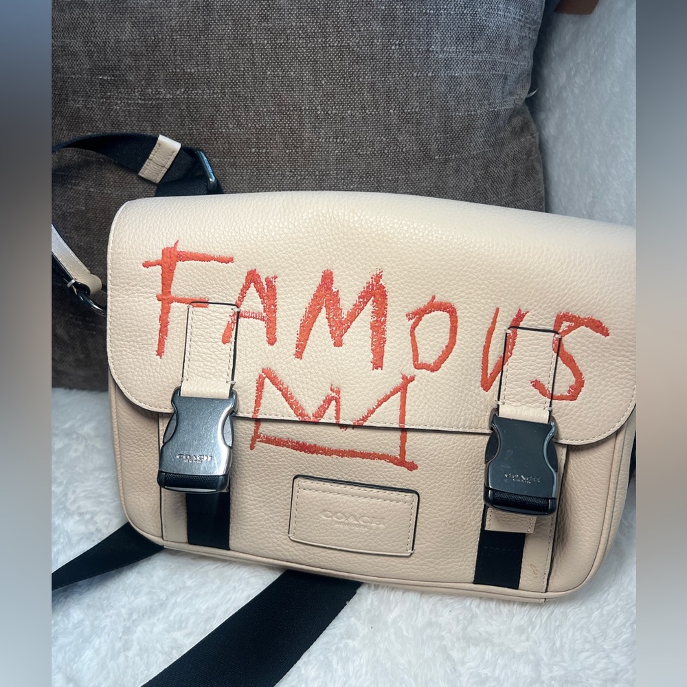 Coach x Basquiat Cream Leather Messenger Bag with Red Graffiti Lettering